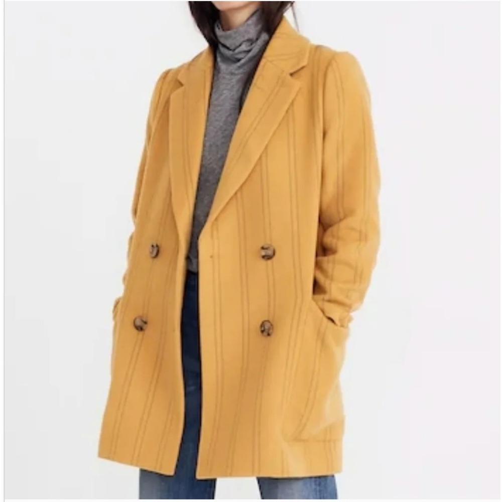 Madewell Double Breasted Coat Womens XS Yellow Pinstripe Wool Blend Outerwear